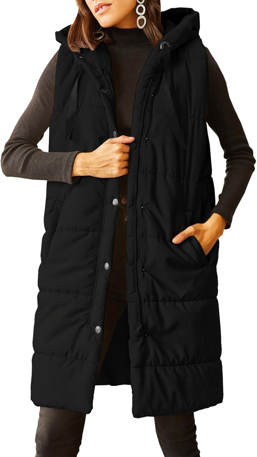 Grlasen Womens Long Quilted Puffer Vest Sleeveless Hooded Button Down Padded Coats Jacket Outerwear With Pockets