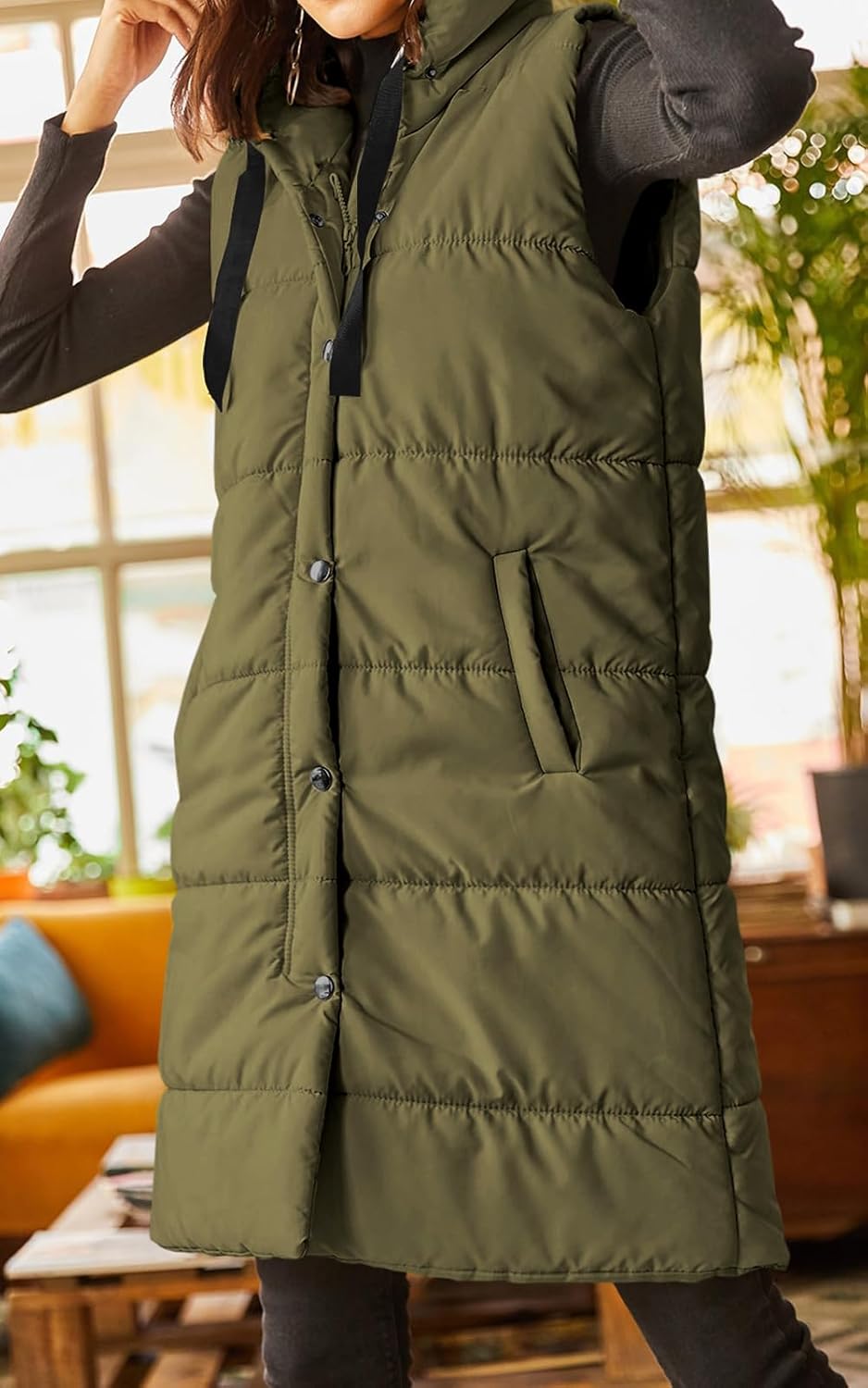 Grlasen Womens Long Quilted Puffer Vest Sleeveless Hooded Button Down Padded Coats Jacket Outerwear With Pockets