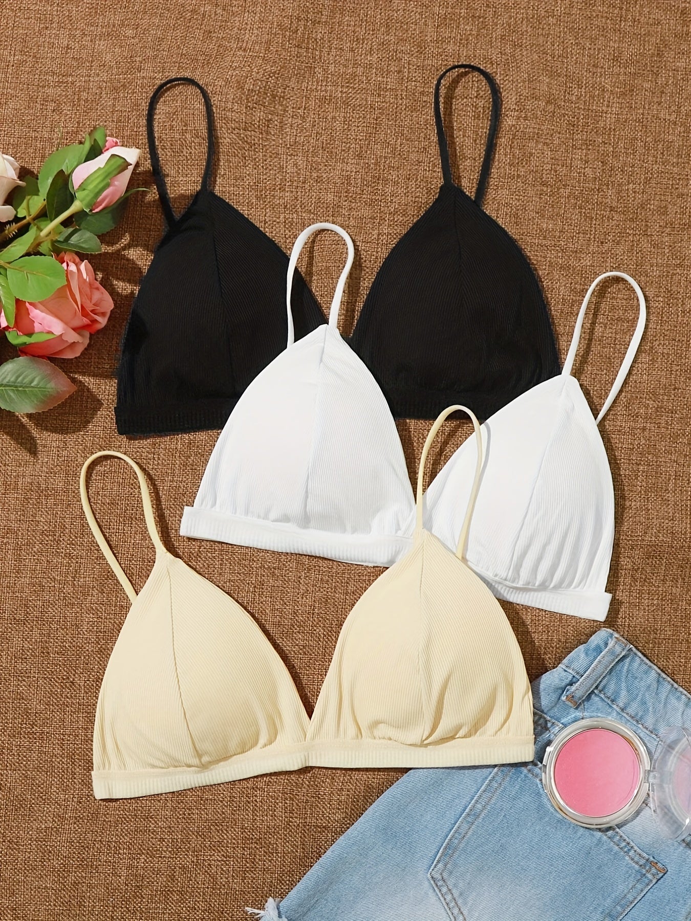 Tbclaim_3 Packs Bralette For Girls Spaghetti Strap Triangle V Neck A-b Cups Bra Padded Wire Free Hook-and-eye Closure