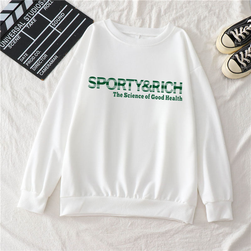 Sporty Rich Print Casual Round Neck Cotton Sweater