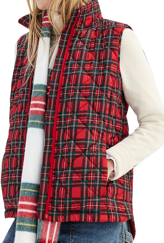 Lifeshe Womens Christmas Plaid Quilted Vest Stand Collar Zip Up Puffer Vest Sleeveless Jacket Coats With Pocket