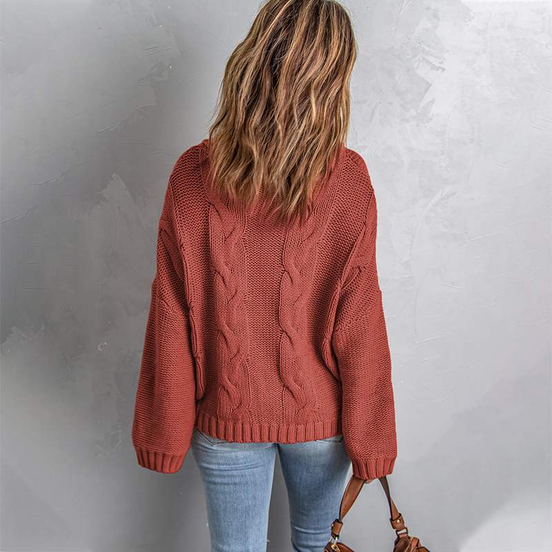 Autumn Winter Solid Color Long Sleeve Knitted High Neck Cotton Top For Women