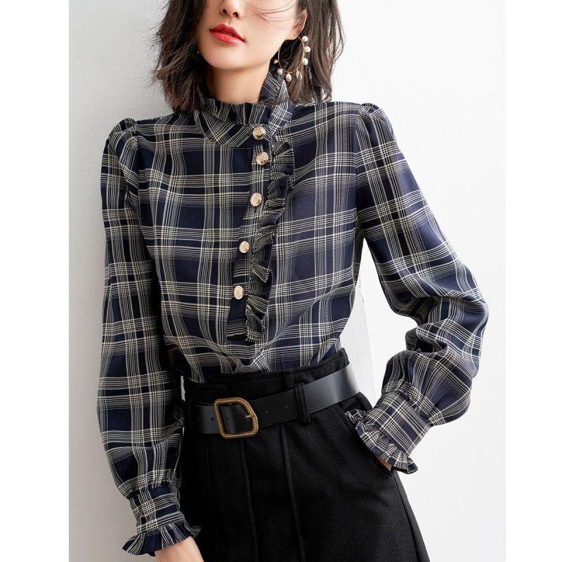 Fashion Printed Button Ruffles Plaid Shirt Womens Clothing 2024 Autumn New Loose Casual Tops All-match Commute Blouse