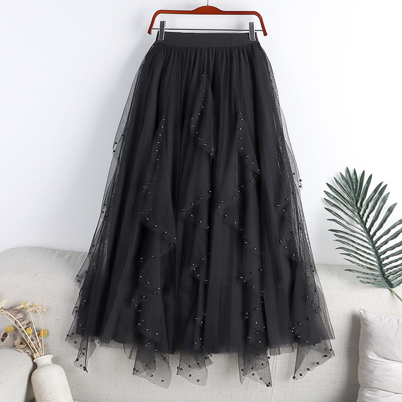 Spring And Summer New Irregular Mesh Beaded Rhinestone Long Large Hem A- Line Skirt Skirt Cake Dress