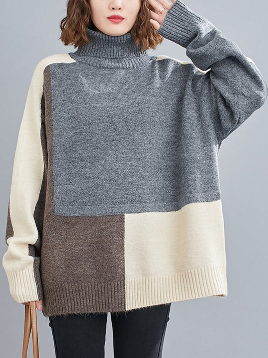 Fashion Tops 2024 Women Winter New Color-blocking Thickened Pullover Loose Mid-length Womens Oversized Sweater Turtleneck