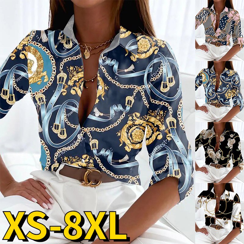 Retro Elegant Fashions V-neck Tops Autumn Winter Womens Casual Long Sleeve New Design Printing Loose Button Blouse Shirt