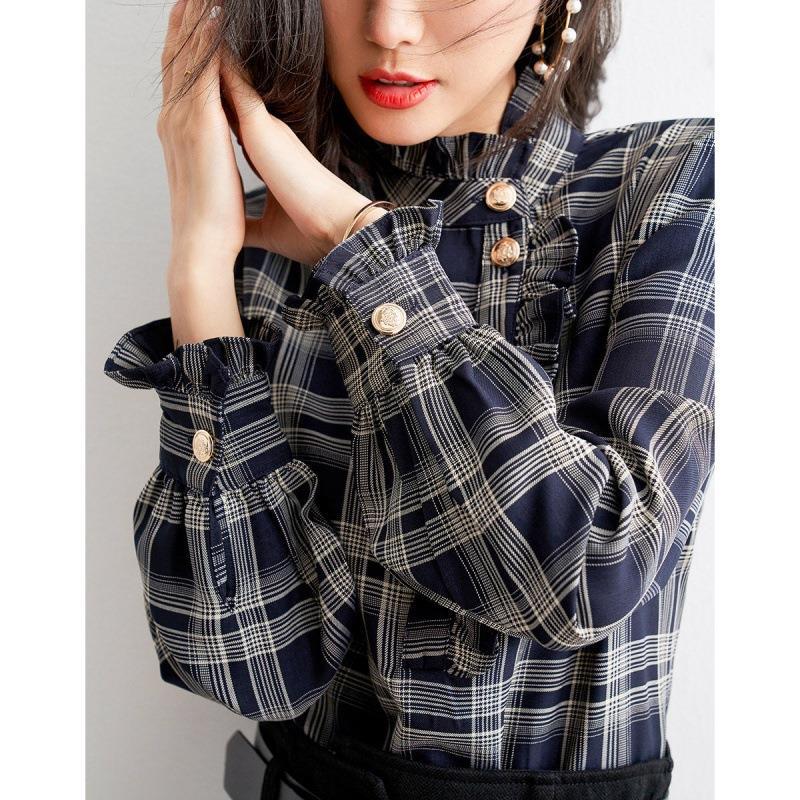 Fashion Printed Button Ruffles Plaid Shirt Womens Clothing 2024 Autumn New Loose Casual Tops All-match Commute Blouse