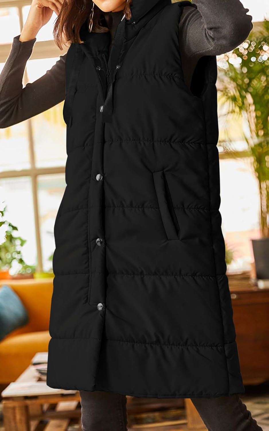 Grlasen Womens Long Quilted Puffer Vest Sleeveless Hooded Button Down Padded Coats Jacket Outerwear With Pockets