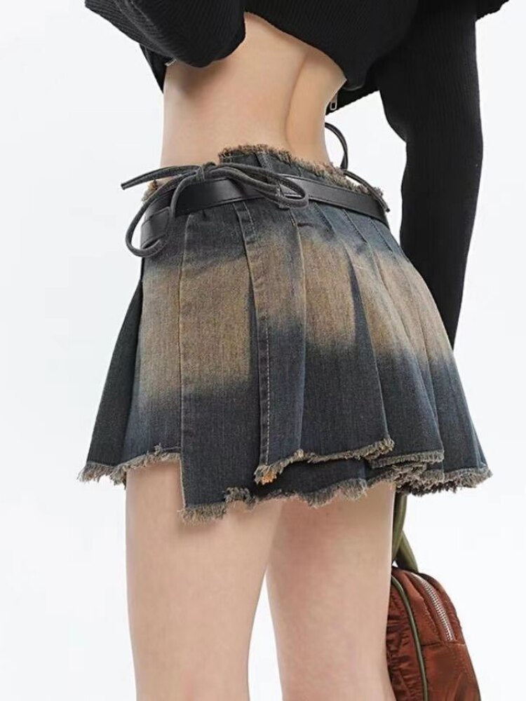 Denim Y2k Skirt Women Vintage Low Rise Irregular Distressed Japanese Streetwear Sexy Pleated Mini Skirt Summer Fashion