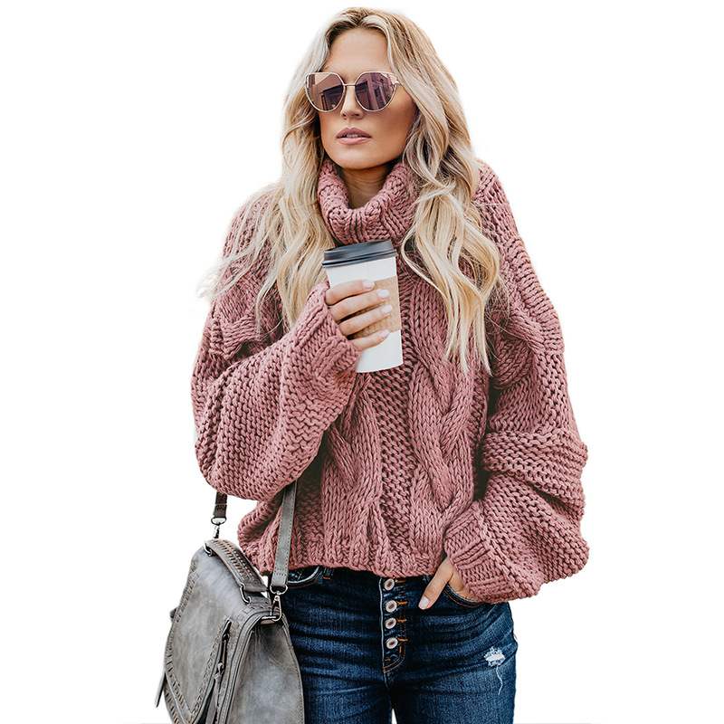 Autumn Winter Solid Color Long Sleeve Knitted High Neck Cotton Top For Women