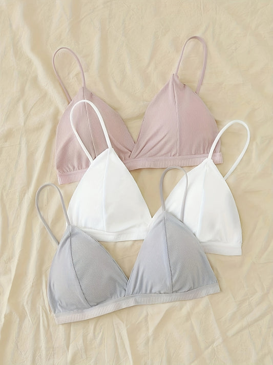 Tbclaim_3 Packs Bralette For Girls Spaghetti Strap Triangle V Neck A-b Cups Bra Padded Wire Free Hook-and-eye Closure