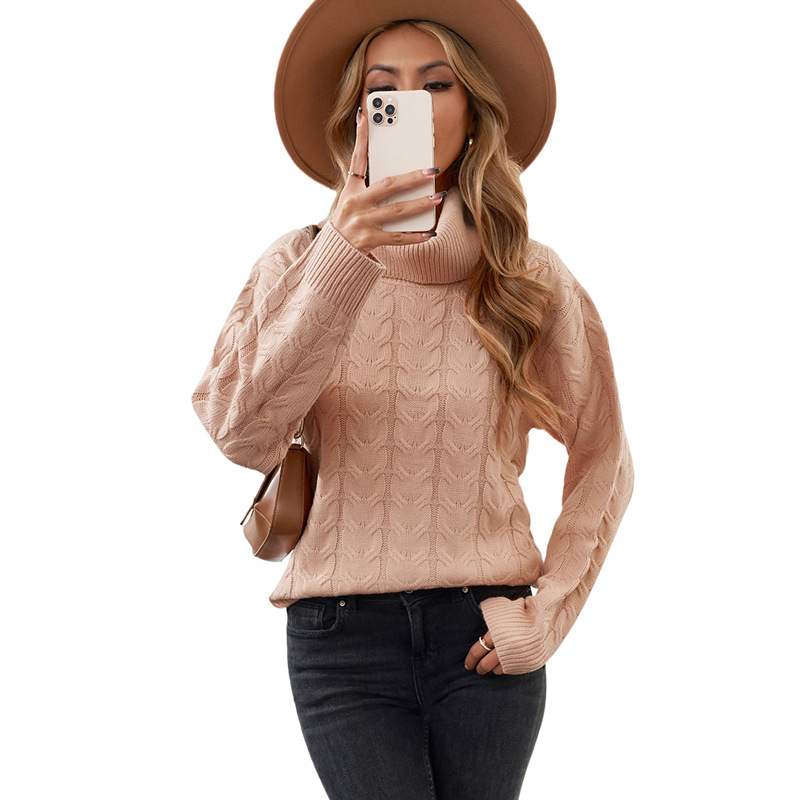 Autumn Winter Solid Color Long Sleeve Knitted High Neck Cotton Top For Women