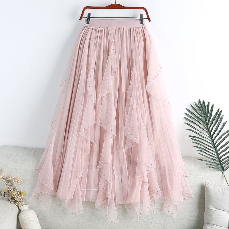 Spring And Summer New Irregular Mesh Beaded Rhinestone Long Large Hem A- Line Skirt Skirt Cake Dress