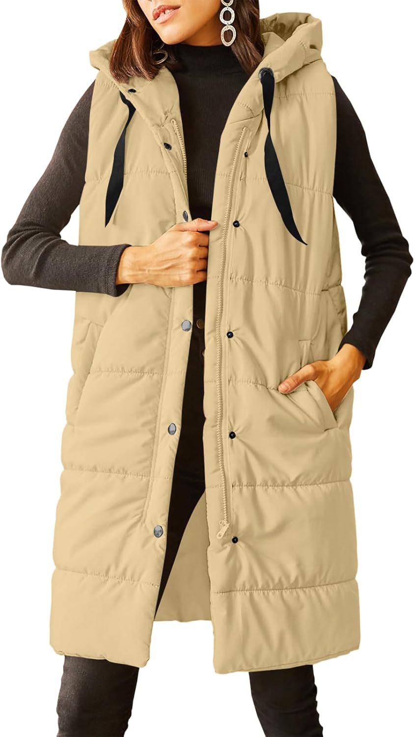 Grlasen Womens Long Quilted Puffer Vest Sleeveless Hooded Button Down Padded Coats Jacket Outerwear With Pockets