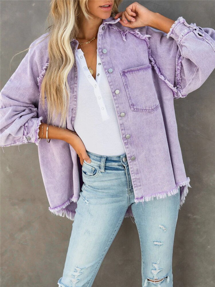 2024 Girls Sweet Pink Loose Shirt Jacket Woman Casual Soft Button Denim Shirts Ladies Chic Solid Pocket Jackets