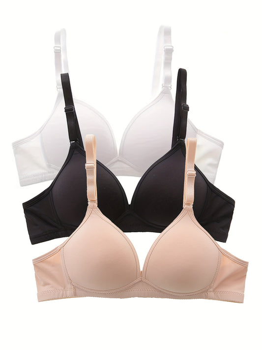 3pcs Simple Solid Wireless Bras, Comfy & Breathable Everyday T-shirt Bra, Womens Lingerie & Underwear