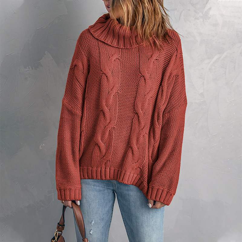 Autumn Winter Solid Color Long Sleeve Knitted High Neck Cotton Top For Women