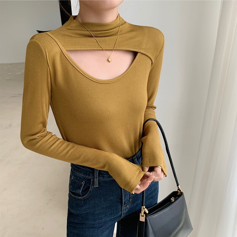 Ani Kang |high Street Fashion Hollow Out Women T-shirts Chic Half High Neck Long Sleeve Slim Female Tops Spring Autumn Woman Base Shirt