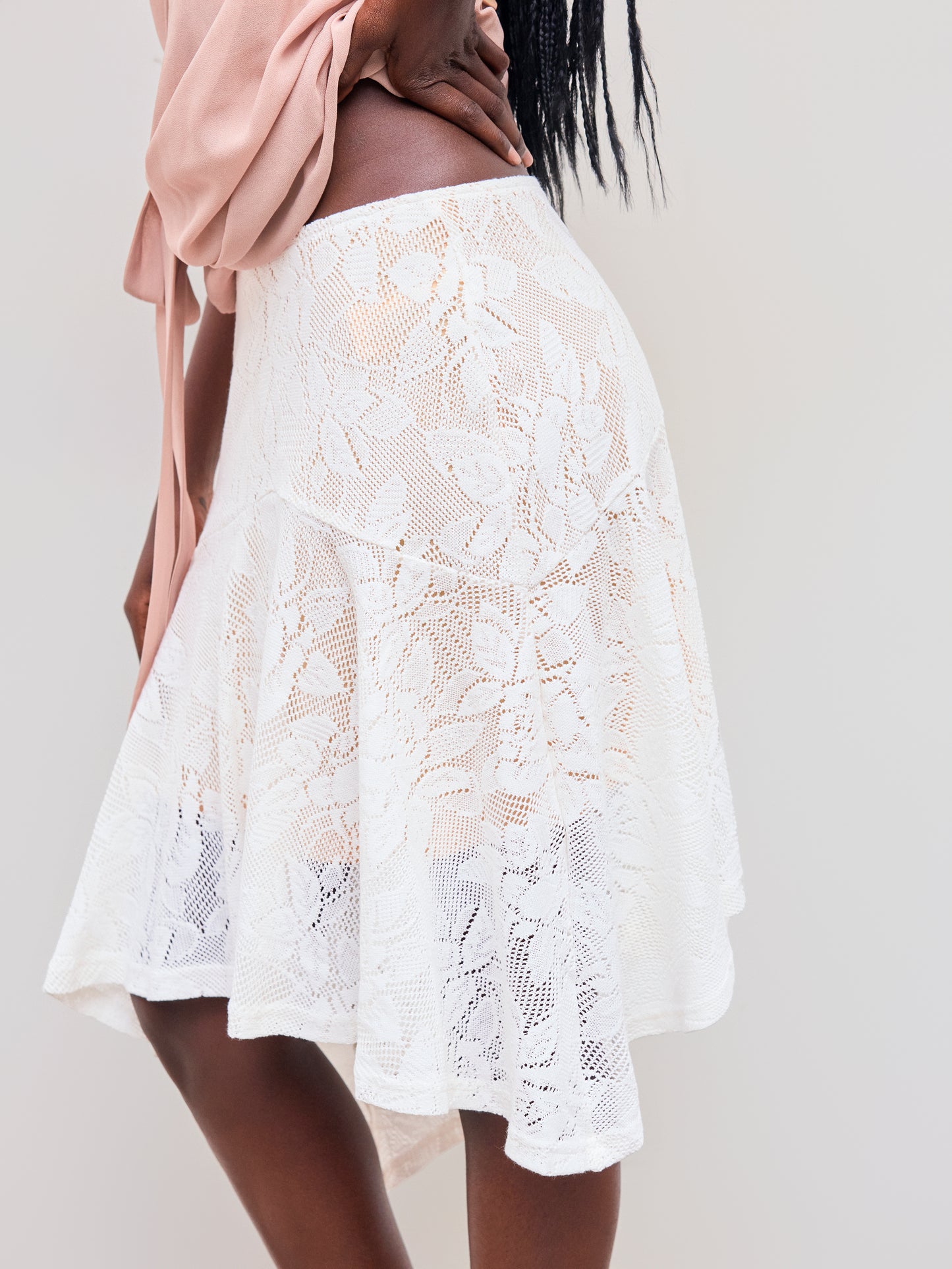 Lace Mid Rise Floral Asymmetrical Hem Ruffle Midi Skirt