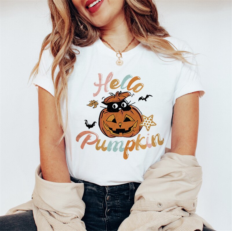 2024 New 90s Halloween White Loose Fashion Casual Plus Size T Shirt Clothes Womens T Shirts Women Cartoon Print Graphic T Shir