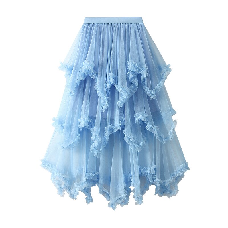 Ani Kang |irregular Tulle Skirt Long Maxi Cake Skirt High Waist Maxi Skirts Solid Party Fairy Ball Gown Tutu Skirt Women Blue Red Orange