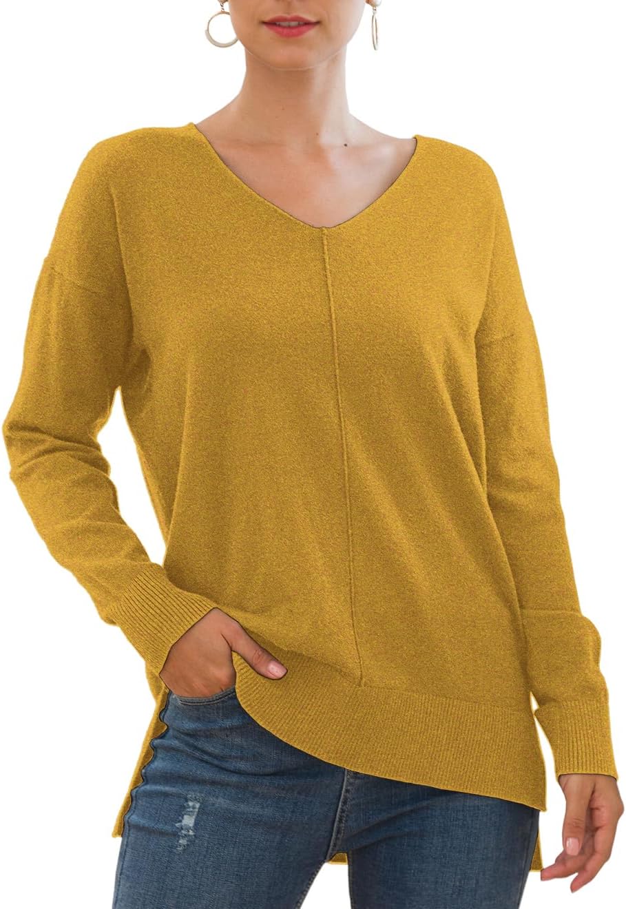 Jouica Womens Casual Lightweight V Neck Batwing Sleeve Knit Top Loose Pullover Sweater