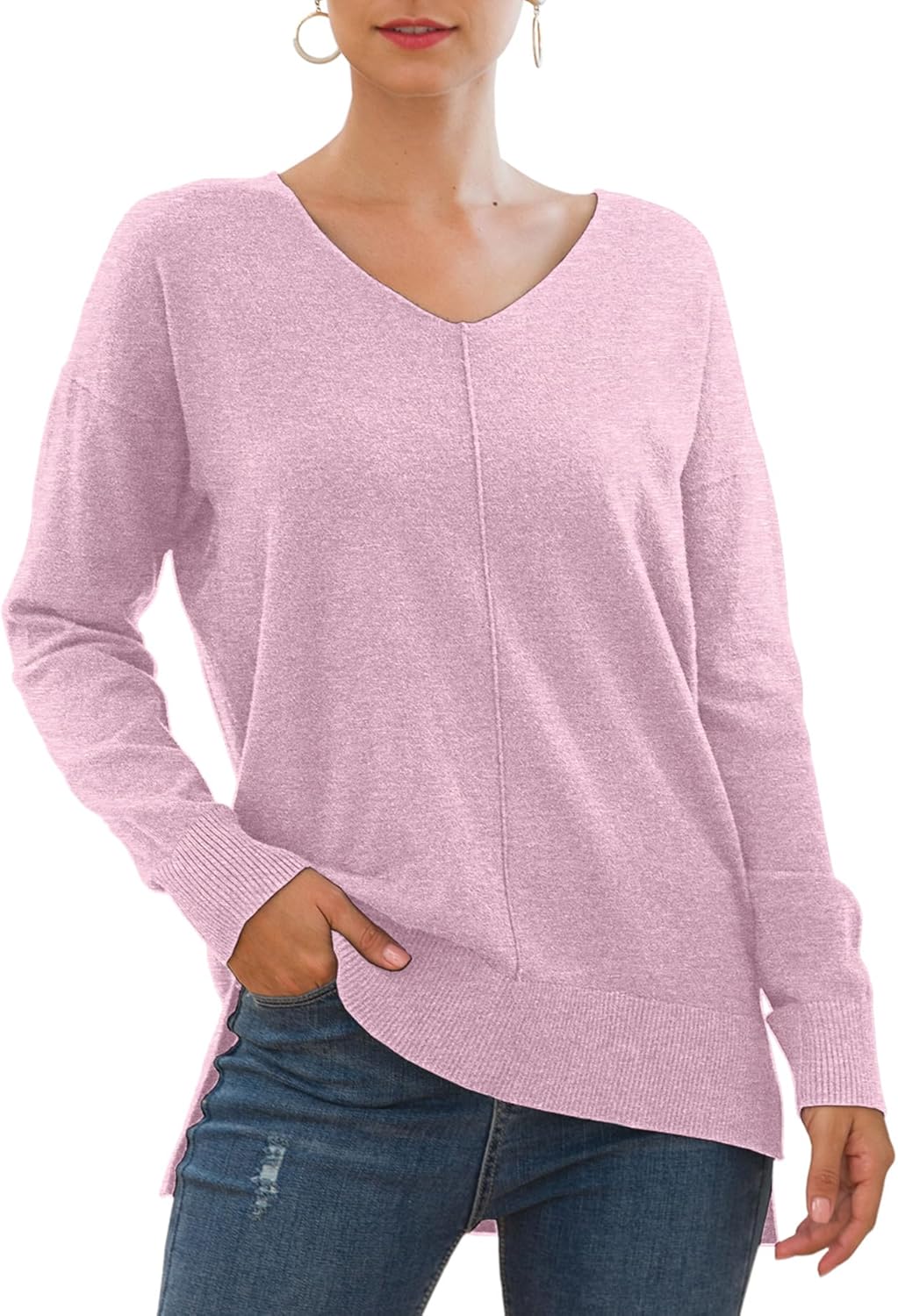 Jouica Womens Casual Lightweight V Neck Batwing Sleeve Knit Top Loose Pullover Sweater