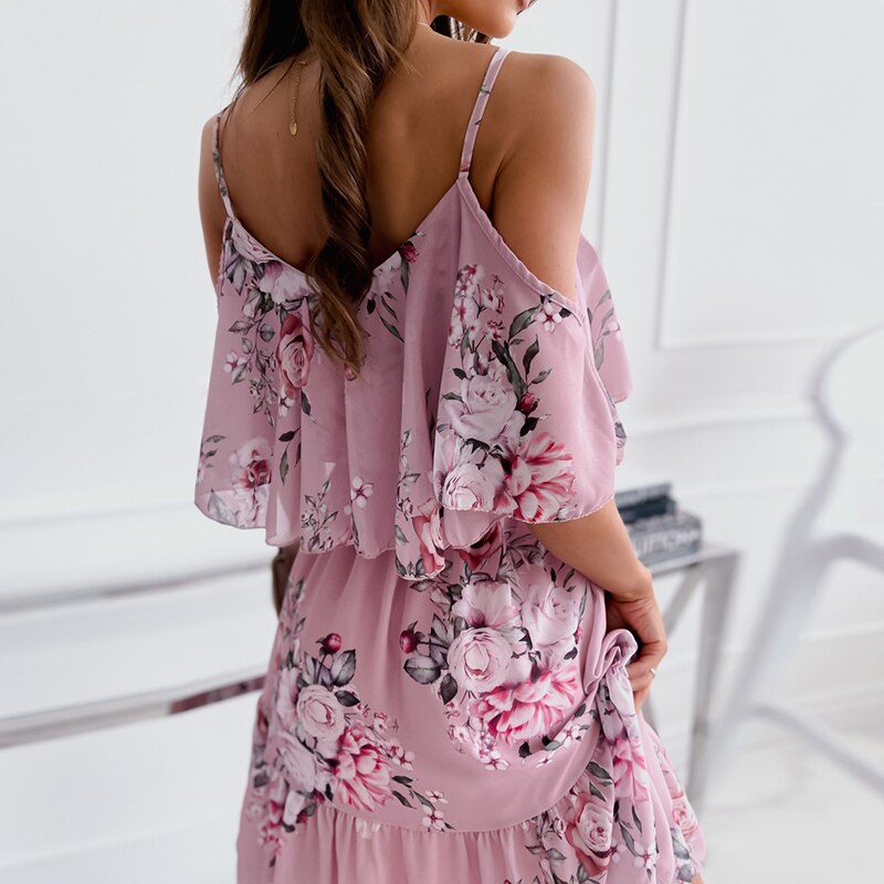 Tbclaim Women Off Shoulder Flower Print Boho Dress Casual Spaghetti Strap Pink Beach Dress Female Elegant A Line Holiday Party Vestidos