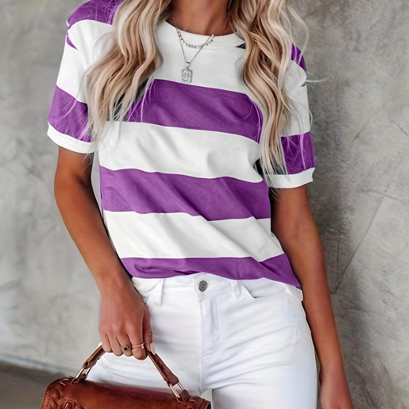 Short Sleeve Striped T-shirt, Crew Neck Casual Top For Summer & Spring, Womens Clothing