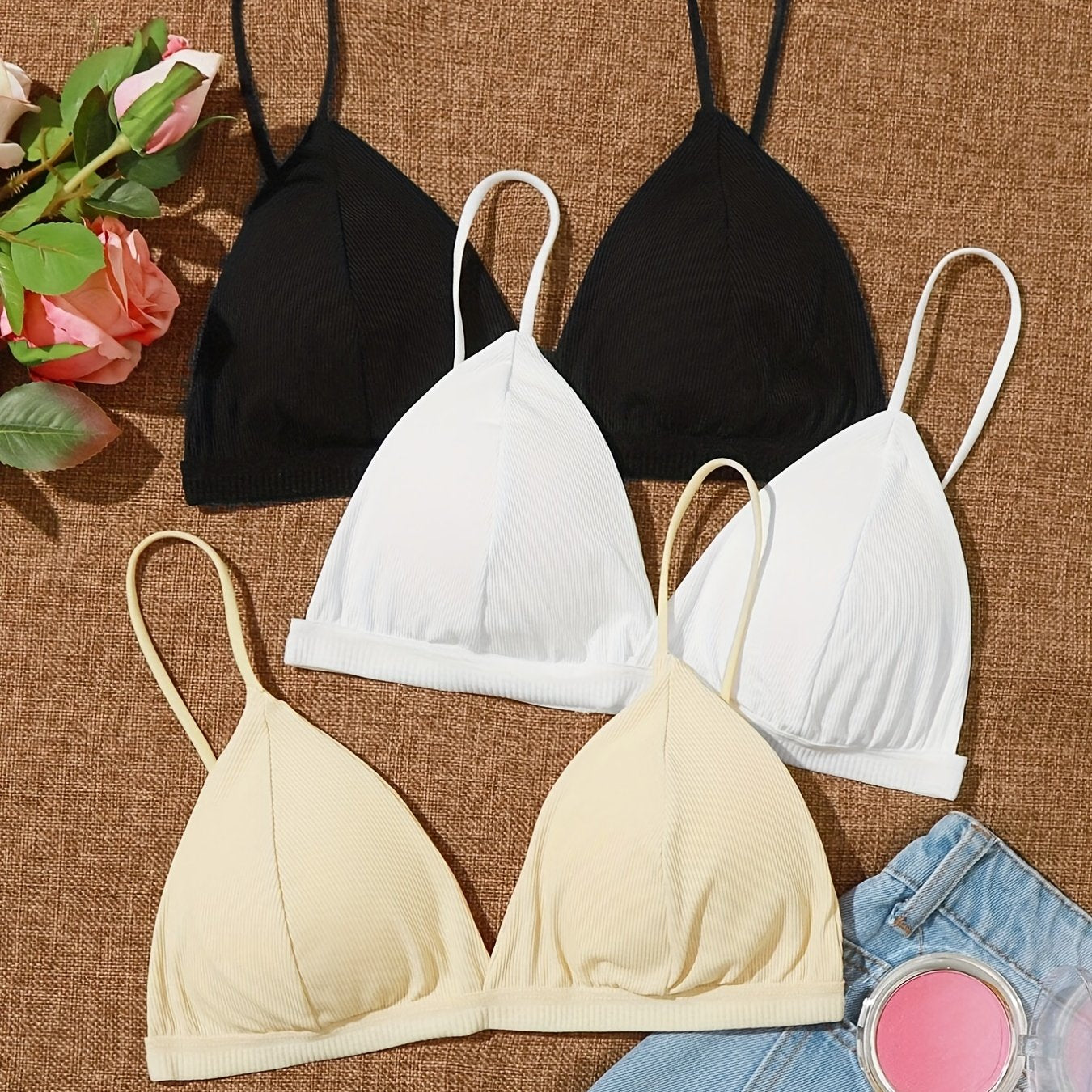 Tbclaim_3 Packs Bralette For Girls Spaghetti Strap Triangle V Neck A-b Cups Bra Padded Wire Free Hook-and-eye Closure