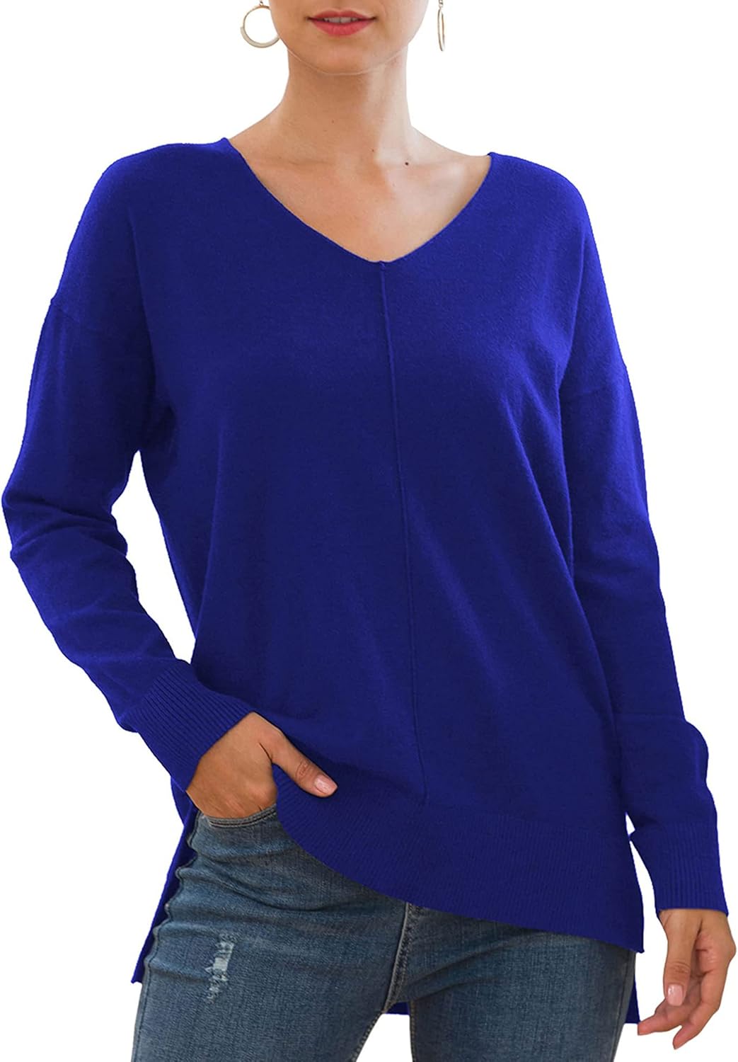 Jouica Womens Casual Lightweight V Neck Batwing Sleeve Knit Top Loose Pullover Sweater