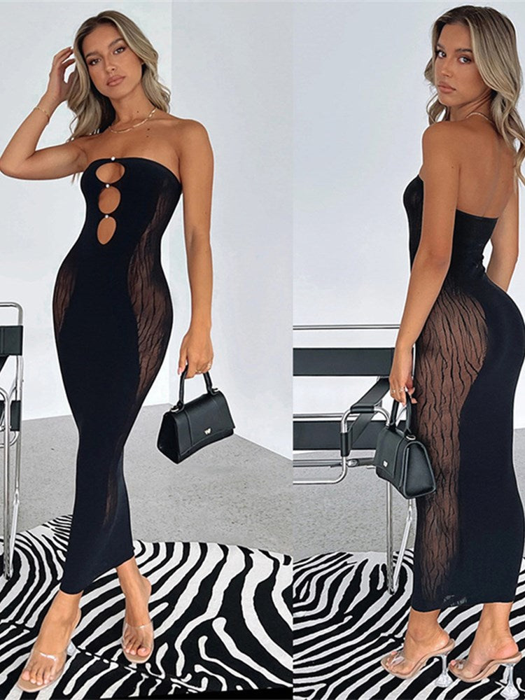 Tbclaim Off Shoulder Sleeveless Strapless Hollow Out Bodycon Dresses Black Sexy Women Party Dress 2024 Summer Solid Long Dresses