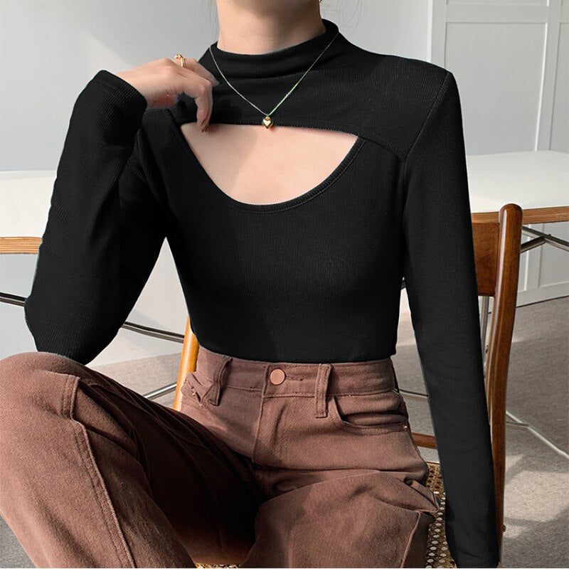 Ani Kang |high Street Fashion Hollow Out Women T-shirts Chic Half High Neck Long Sleeve Slim Female Tops Spring Autumn Woman Base Shirt