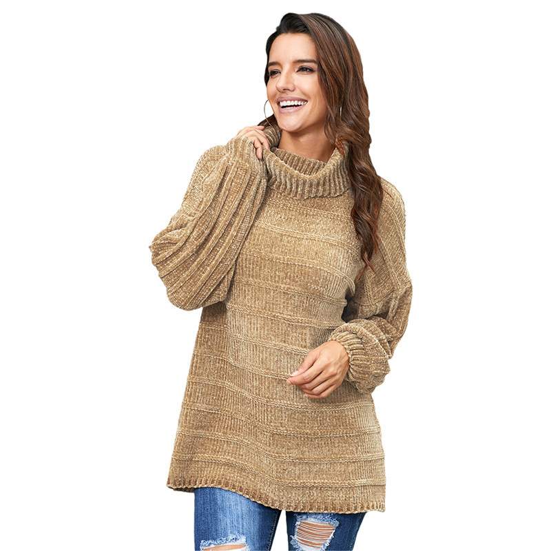 Autumn Winter Solid Color Long Sleeve Knitted High Neck Cotton Top For Women