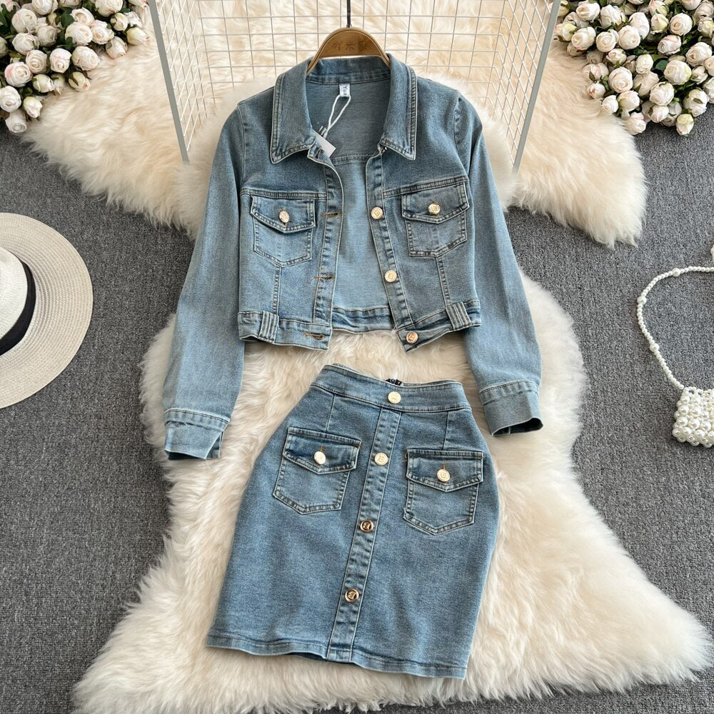 Fashion Two-piece Set Womens Vintage Lapel Denim Jacket High Waist Pocket Design Wrap Hip Skirts 2024 Spring New 11xx01032