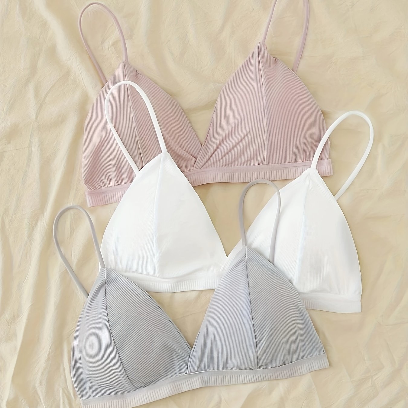 Tbclaim_3 Packs Bralette For Girls Spaghetti Strap Triangle V Neck A-b Cups Bra Padded Wire Free Hook-and-eye Closure