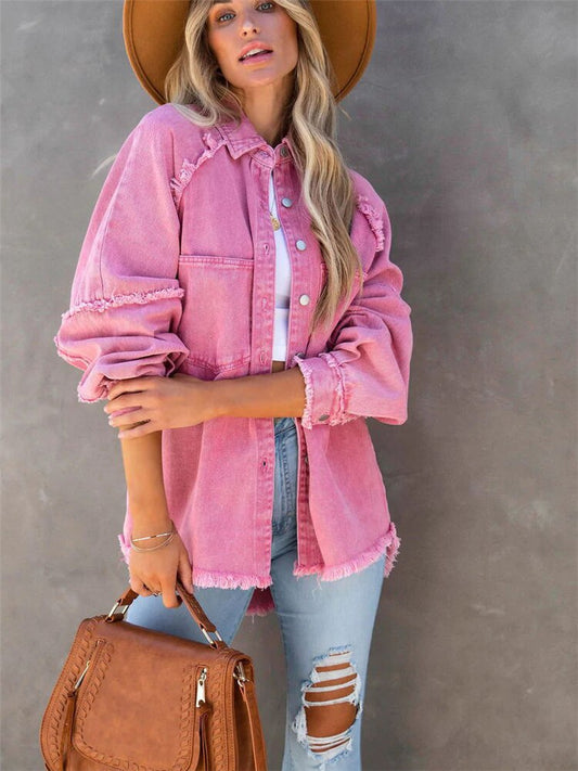 2024 Girls Sweet Pink Loose Shirt Jacket Woman Casual Soft Button Denim Shirts Ladies Chic Solid Pocket Jackets