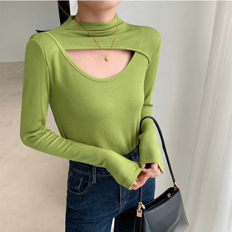 Ani Kang |high Street Fashion Hollow Out Women T-shirts Chic Half High Neck Long Sleeve Slim Female Tops Spring Autumn Woman Base Shirt