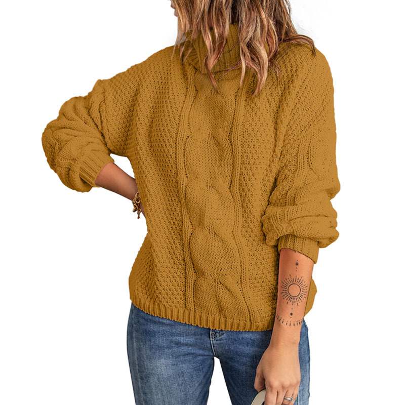 Autumn Winter Solid Color Long Sleeve Knitted High Neck Cotton Top For Women