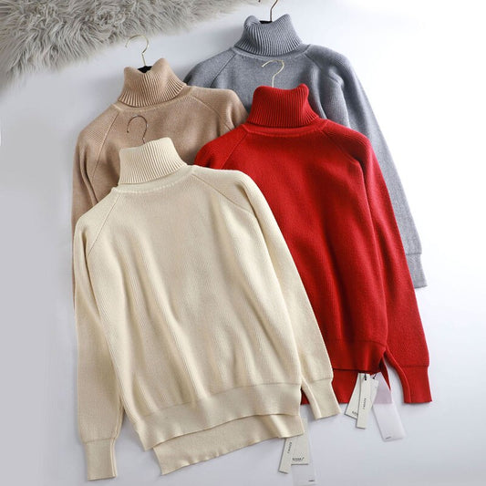 Turtleneck Oversize Sweater Women Autumn Winter Thick Pullover Sweater Solid Knit Tops Female Split Side Loose Casual Sweater