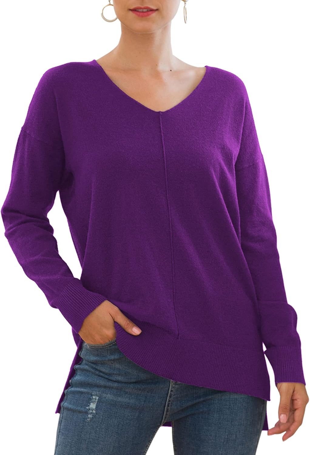 Jouica Womens Casual Lightweight V Neck Batwing Sleeve Knit Top Loose Pullover Sweater