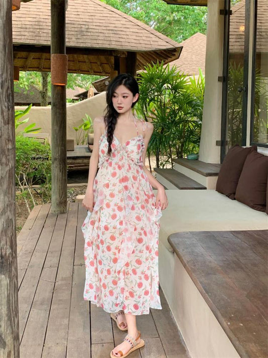 Elegant Floral Halter Bandage Split Long Dress Women Vintage Sweet Print Backless Boho Party Holiday Fairy Dress Summer New