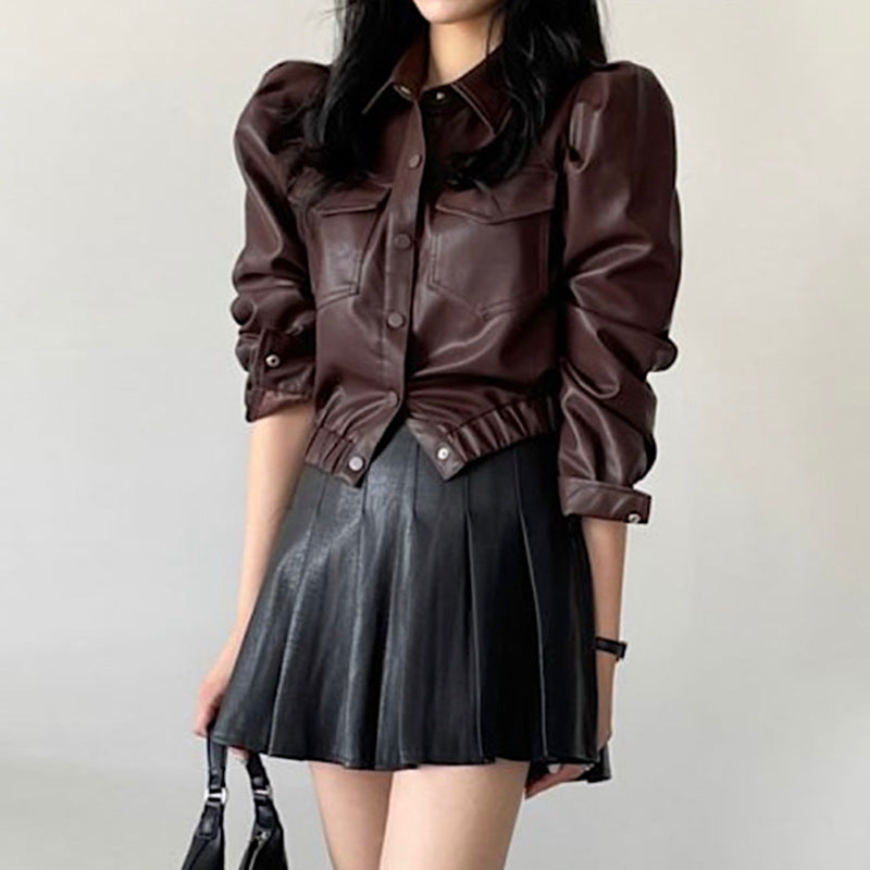 Lapel Single Breasted Double Pocket Leather Jacket