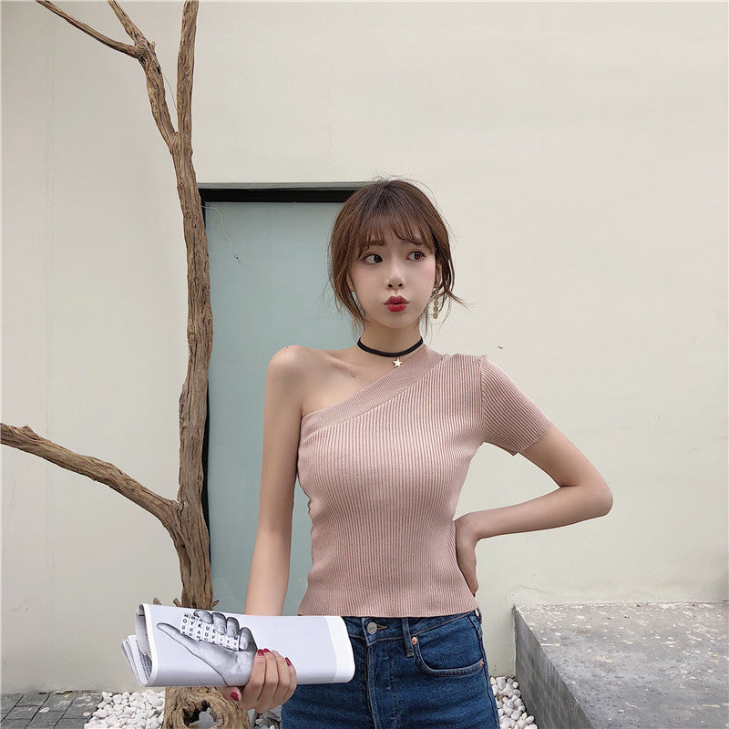 Ani Kang |summer Womens Off-shoulder Knitted T-shirt Girls Stretchy Solid Cropped T Shirts Tees Knitwear For Female