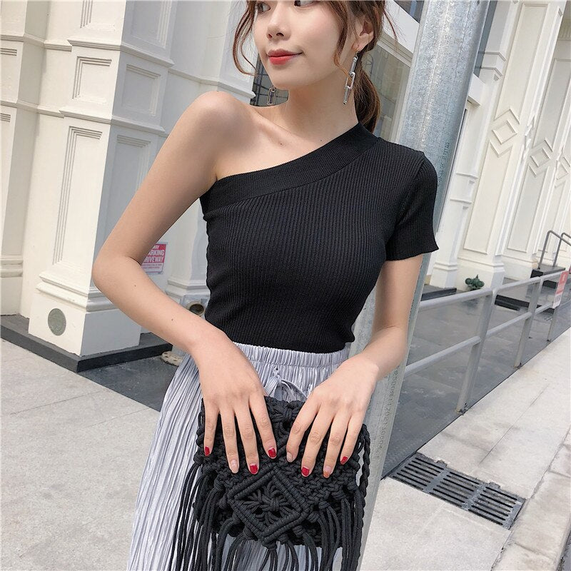 Ani Kang |summer Womens Off-shoulder Knitted T-shirt Girls Stretchy Solid Cropped T Shirts Tees Knitwear For Female