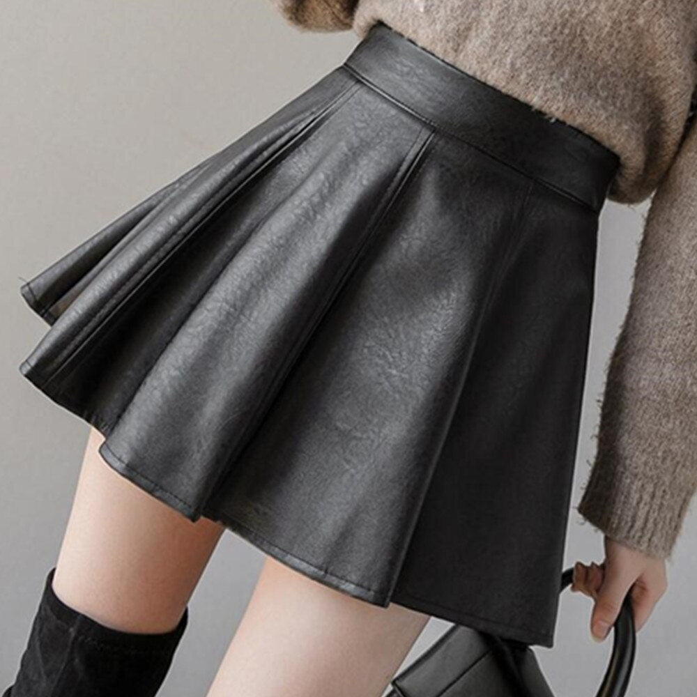 Ani Kang |women Fashion Fashion High Waist Zipper Black Skirts Pu Leather Mini Short Pleated Casual Solid A-line Skirt Female Streetwear