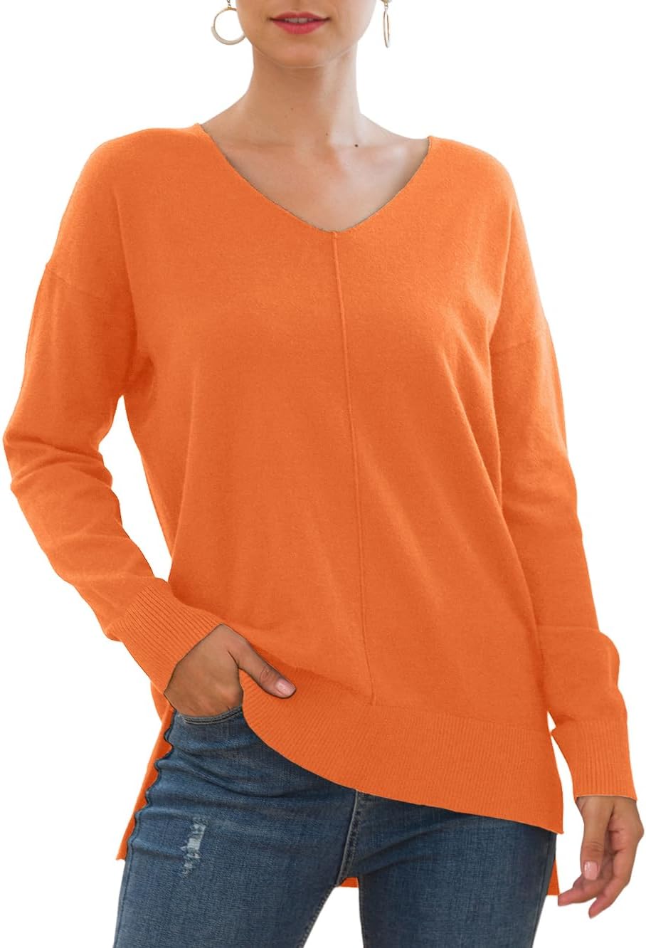 Jouica Womens Casual Lightweight V Neck Batwing Sleeve Knit Top Loose Pullover Sweater