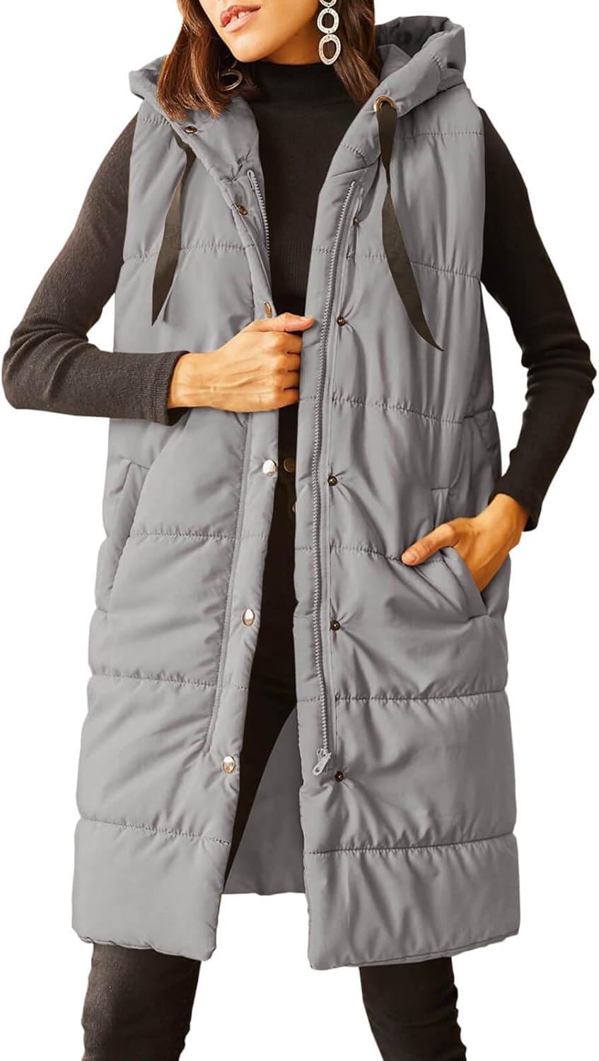 Grlasen Womens Long Quilted Puffer Vest Sleeveless Hooded Button Down Padded Coats Jacket Outerwear With Pockets