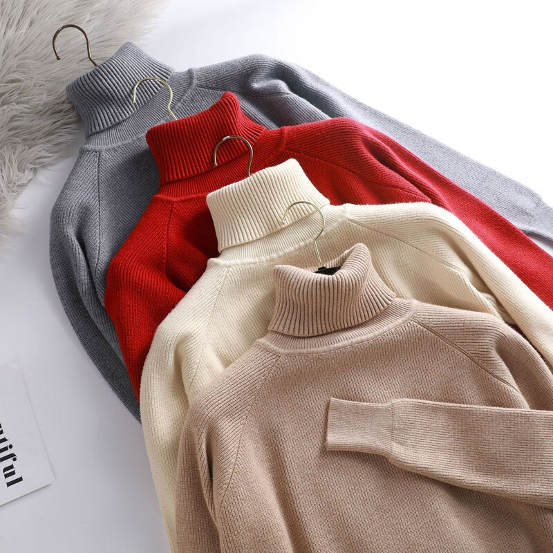 Turtleneck Oversize Sweater Women Autumn Winter Thick Pullover Sweater Solid Knit Tops Female Split Side Loose Casual Sweater