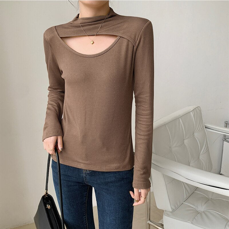 Ani Kang |high Street Fashion Hollow Out Women T-shirts Chic Half High Neck Long Sleeve Slim Female Tops Spring Autumn Woman Base Shirt